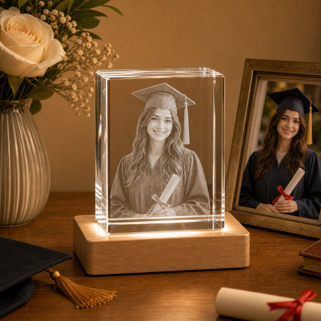 Personalized 3D Crystal Graduation Gift - Cube displayed with matching framed graduate portrait photo