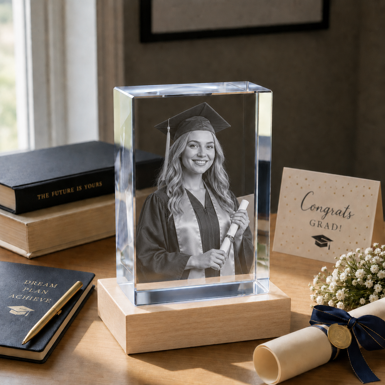 Personalized 3D Crystal Graduation Gift - Rectangle displayed with matching framed graduate portrait photo