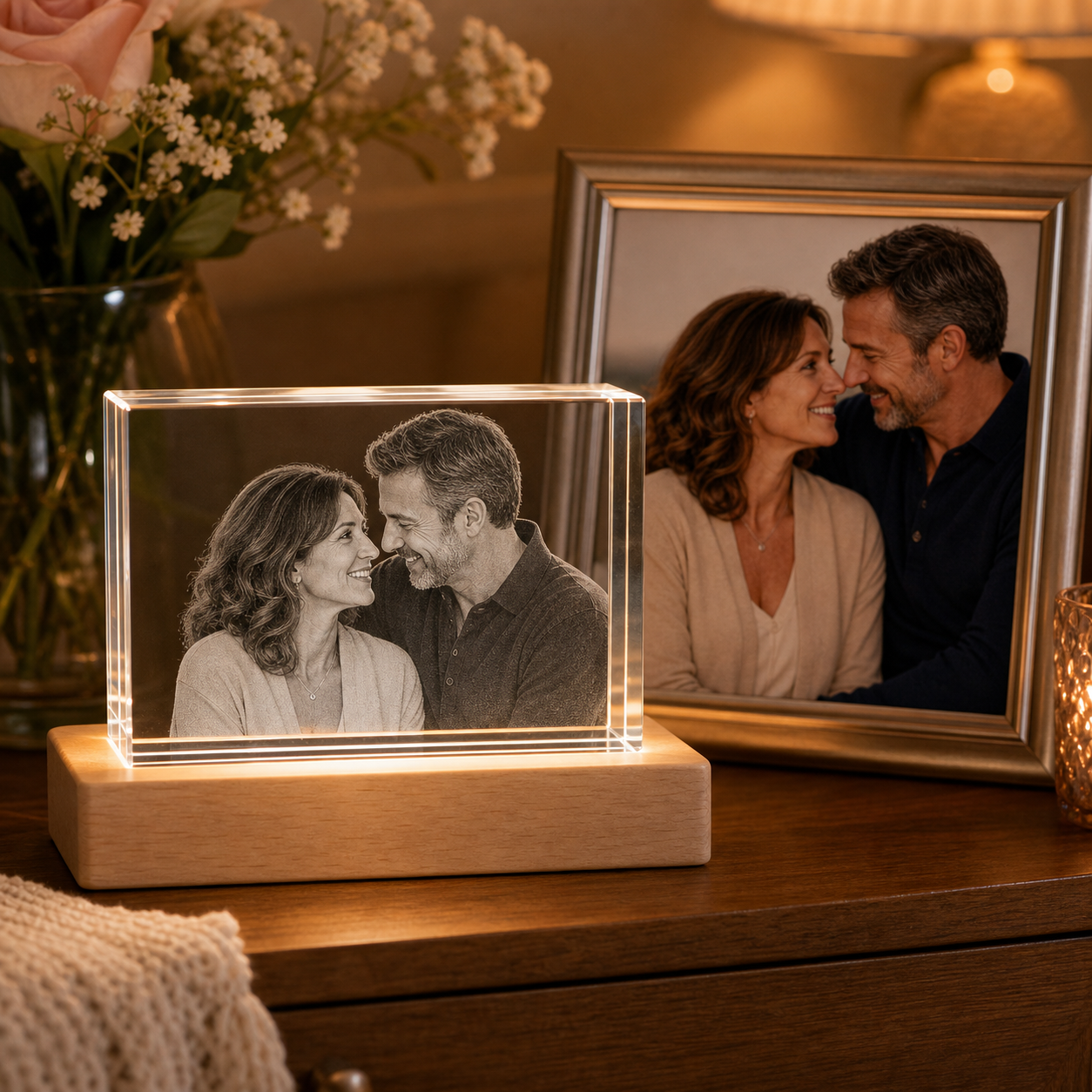 Personalized 3D Crystal Wedding Gift - Rectangle displayed with matching framed wedding couple photo