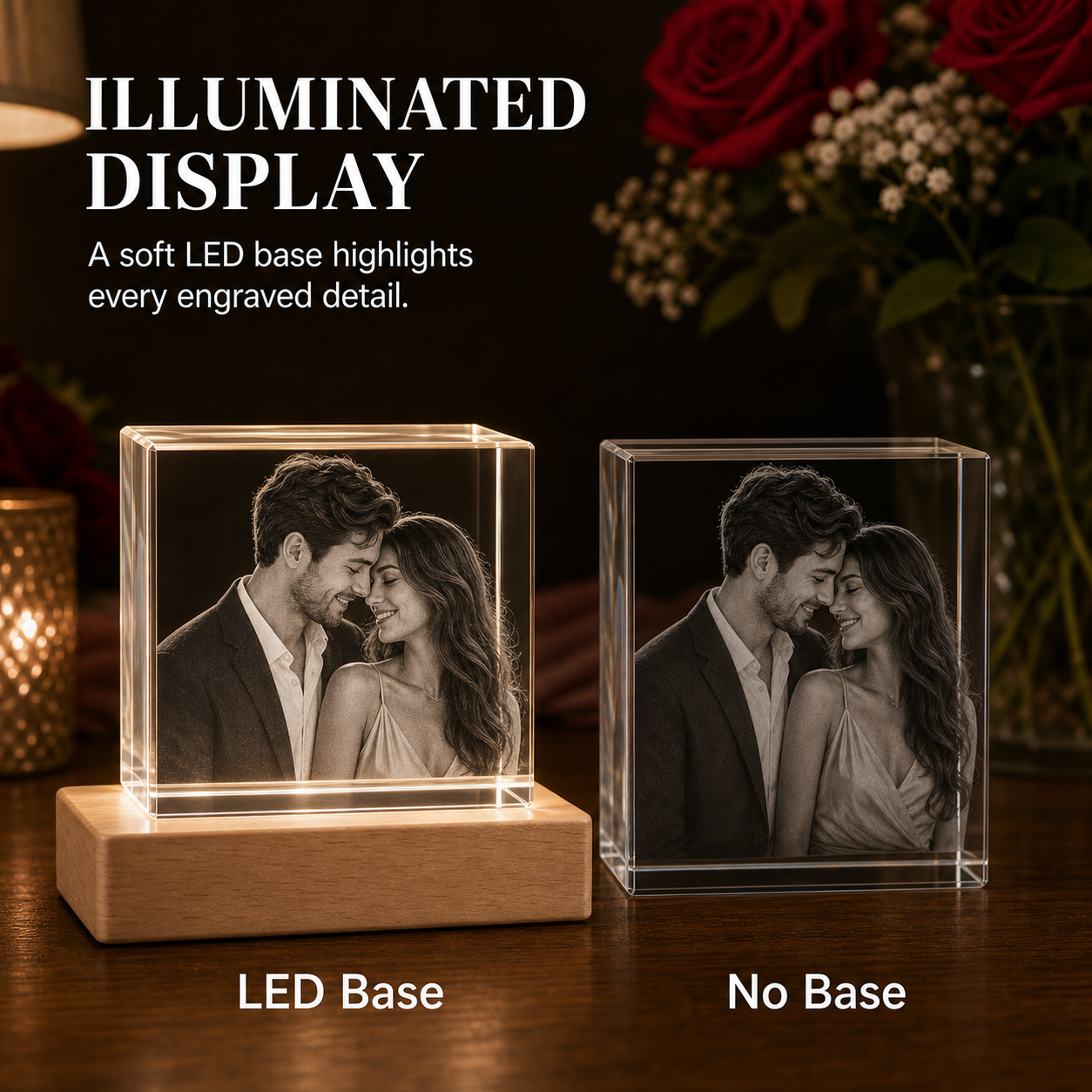 LED base comparison for personalized 3D crystal anniversary cube showing brighter engraved detail