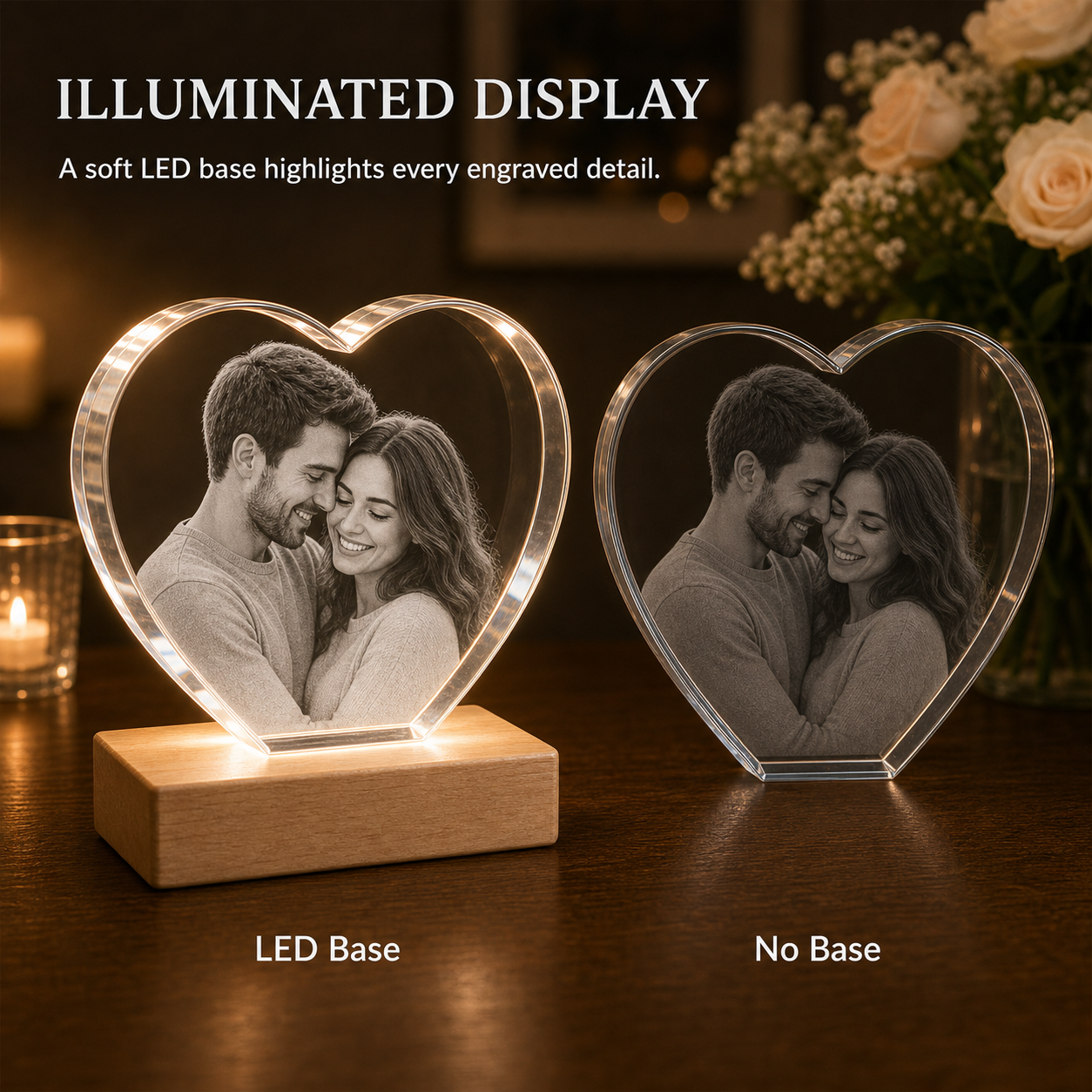 LED base comparison for personalized 3D crystal anniversary heart classic edge gift showing brighter engraved detail