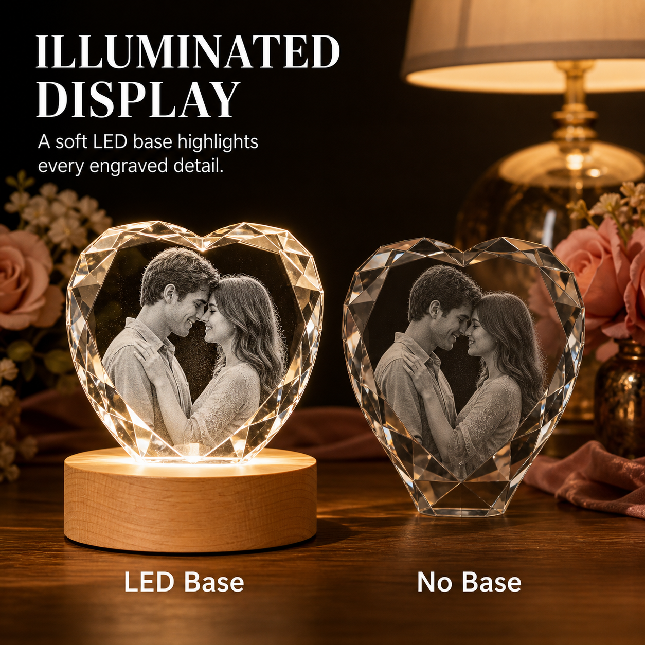 LED base comparison for personalized 3D crystal anniversary heart faceted edge gift showing brighter engraved detail