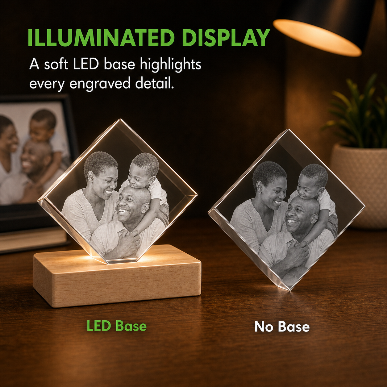 LED base comparison for personalized 3D crystal family photo gift diamond showing brighter engraved detail