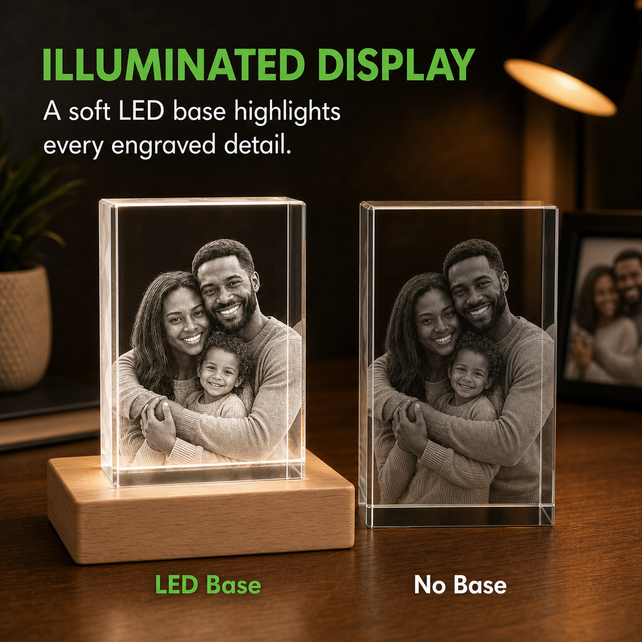 LED base comparison for personalized 3D crystal family photo gift rectangle showing brighter engraved detail