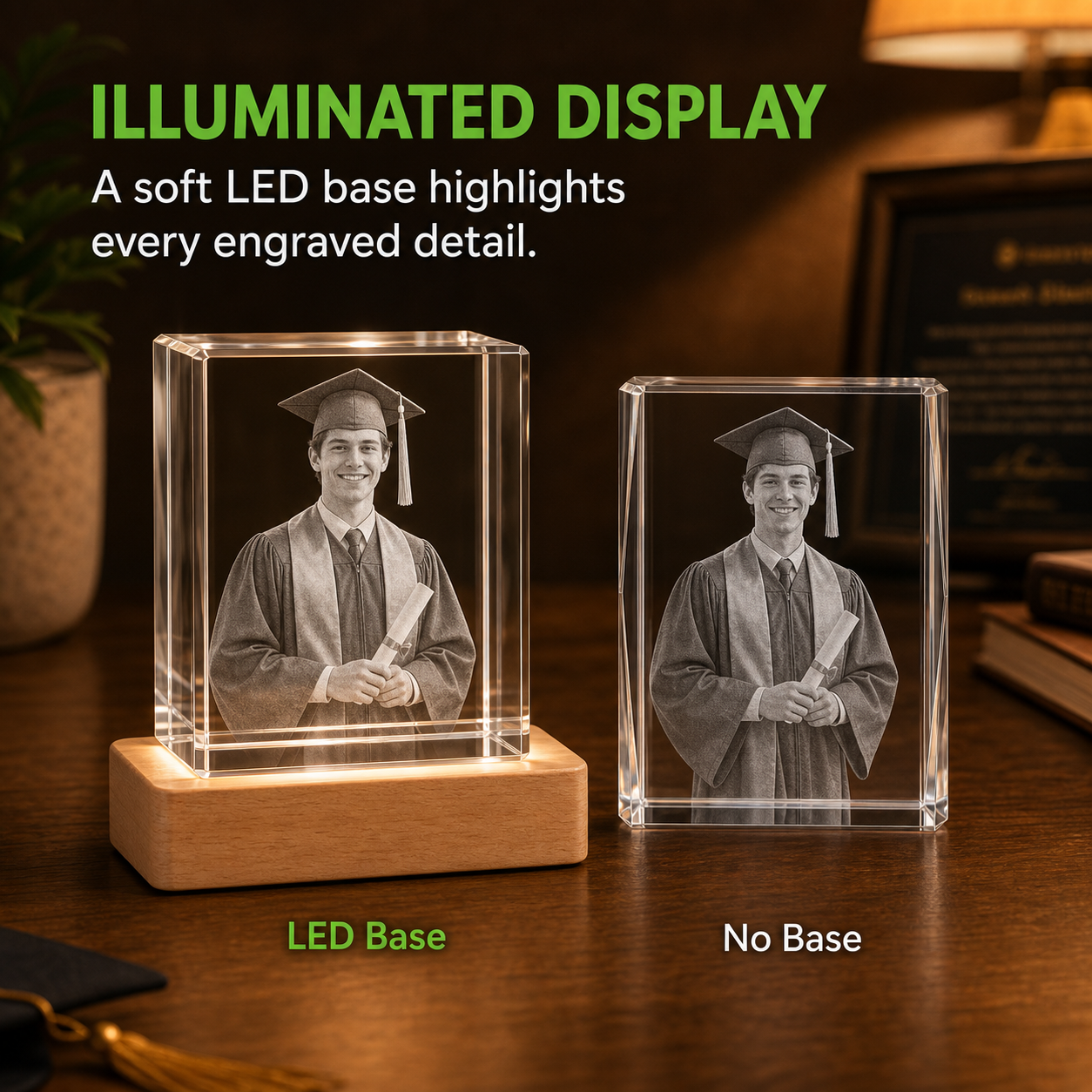 LED base comparison for Personalized 3D Crystal Graduation Gift - Cube showing brighter engraved detail