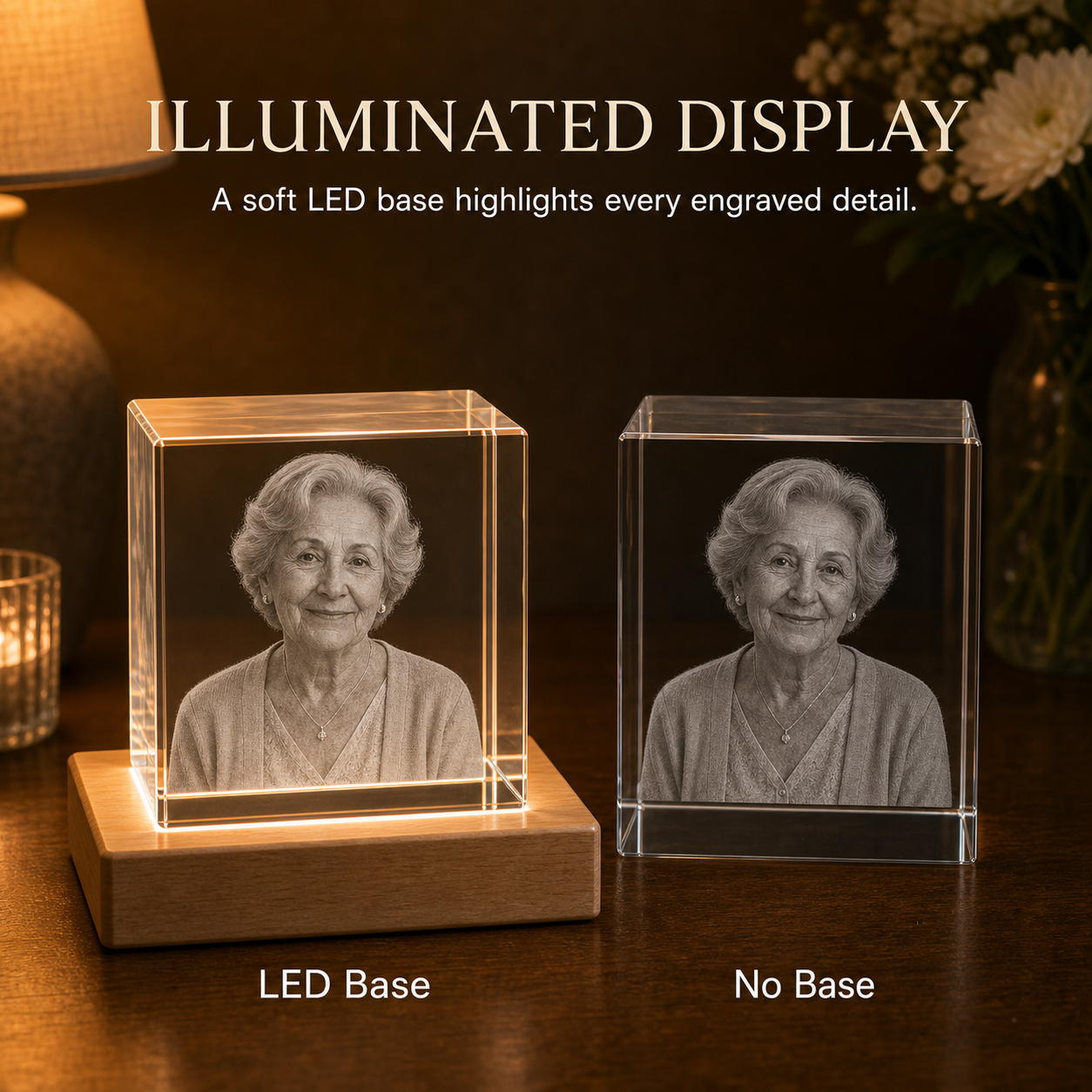 LED base comparison for personalized 3D crystal In Loving Memory cube showing brighter engraved detail