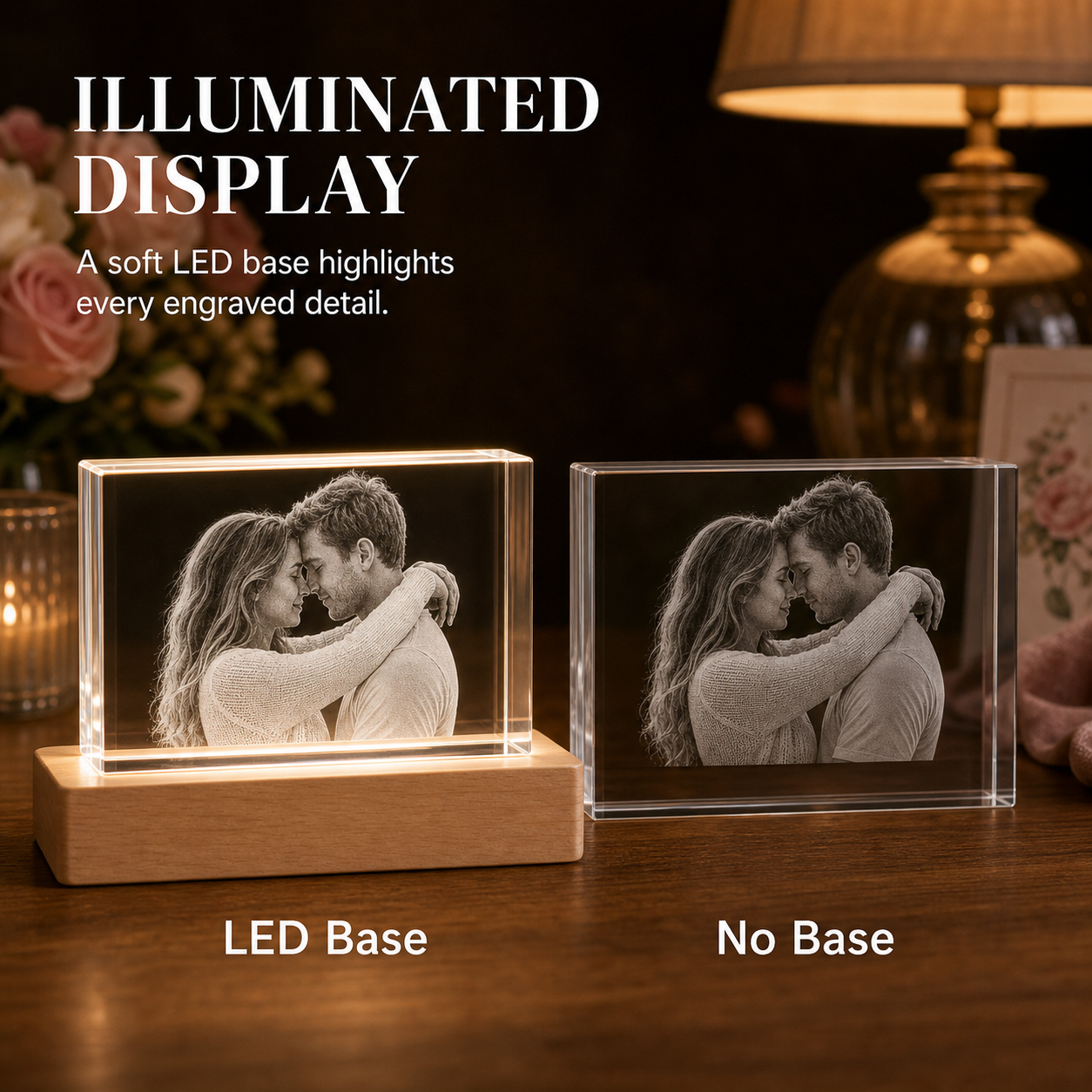 LED base comparison for Personalized 3D Crystal Wedding Gift - Rectangle showing brighter engraved detail