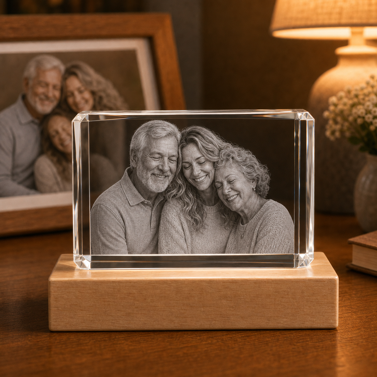 Personalized 3D crystal family photo gift 24-facet with multi-generation family portrait laser engraved inside crystal