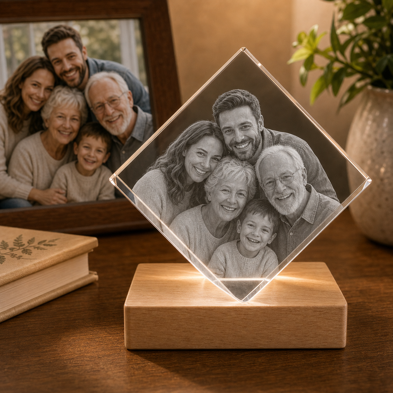 Personalized 3D crystal family photo gift diamond with multi-generation family portrait laser engraved inside crystal