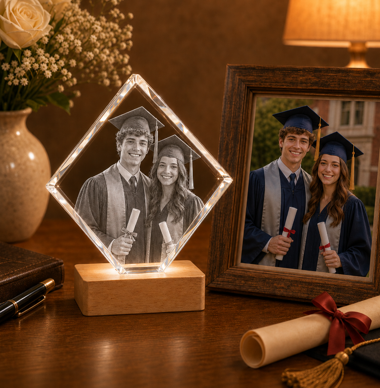 Personalized 3D Crystal Graduation Gift - Diamond with graduate portrait laser engraved inside crystal