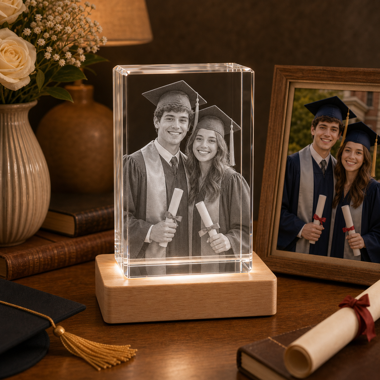 Personalized 3D Crystal Graduation Gift - Rectangle with graduate portrait laser engraved inside crystal