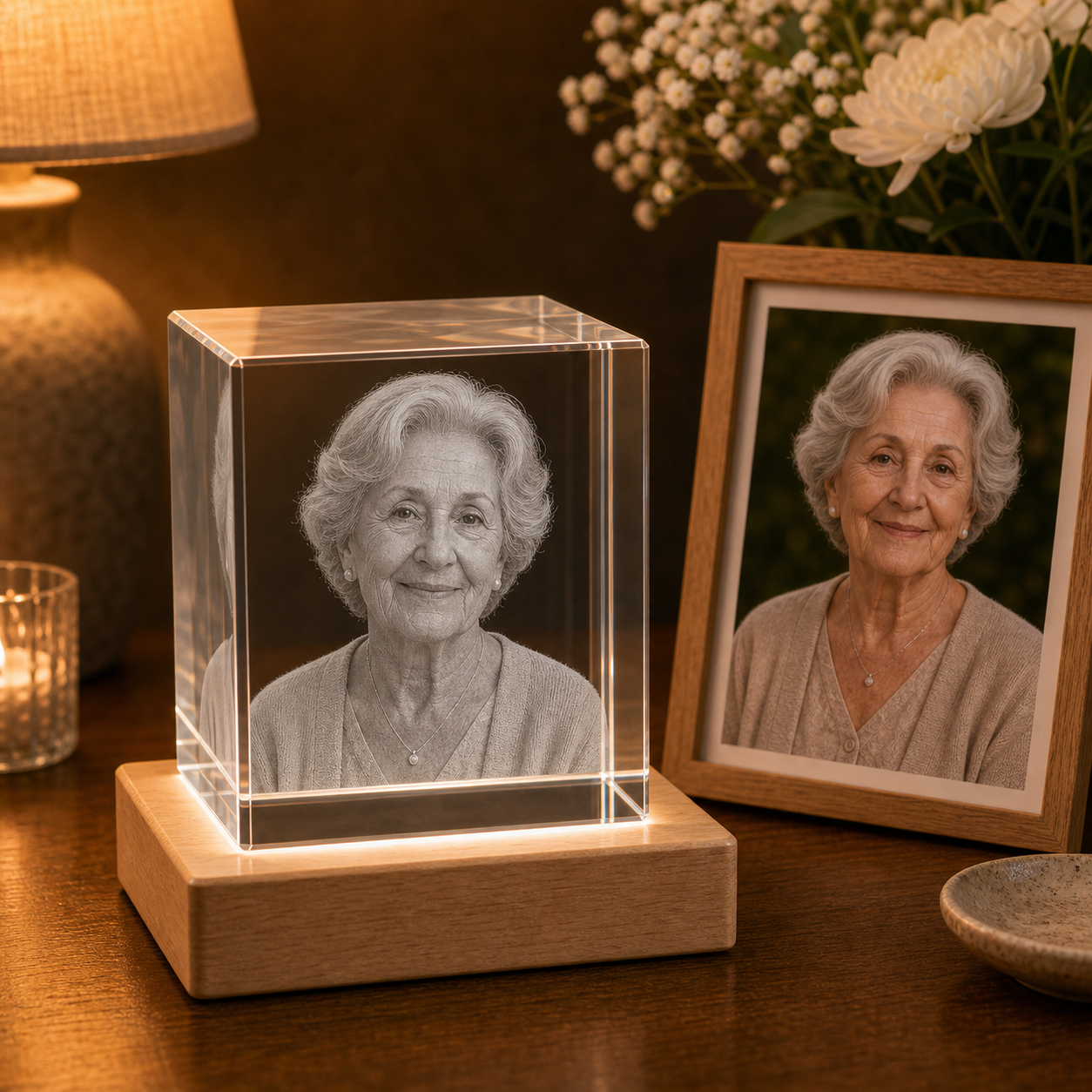 Personalized 3D crystal In Loving Memory cube with remembrance portrait laser engraved inside crystal