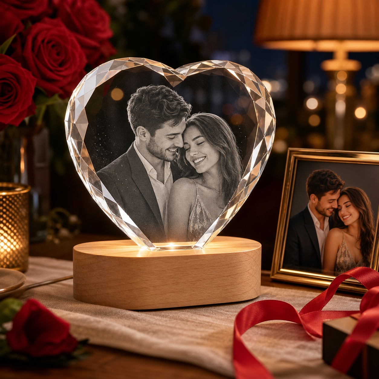Personalized 3D Crystal Wedding Gift - Heart Faceted Edge with wedding couple laser engraved inside crystal