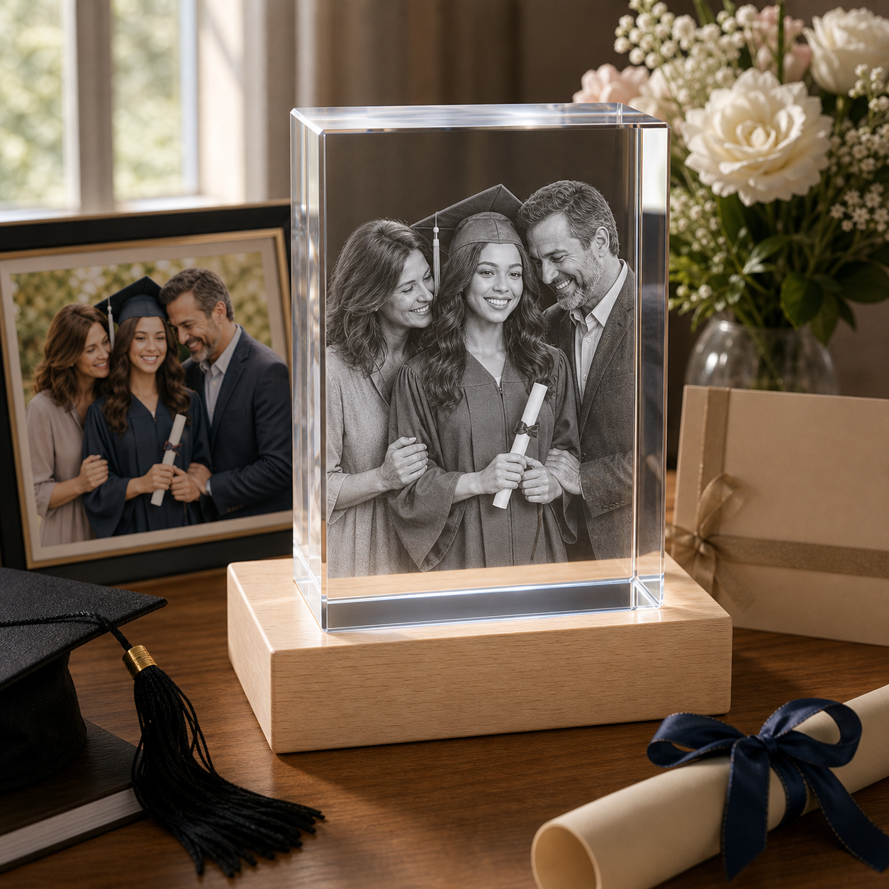 Personalized 3D crystal family photo gift rectangle for family graduation and milestone memories