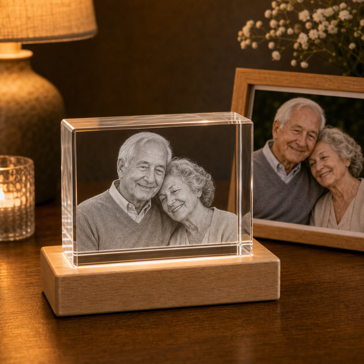 Personalized 3D crystal In Loving Memory rectangle for a warm memorial table display