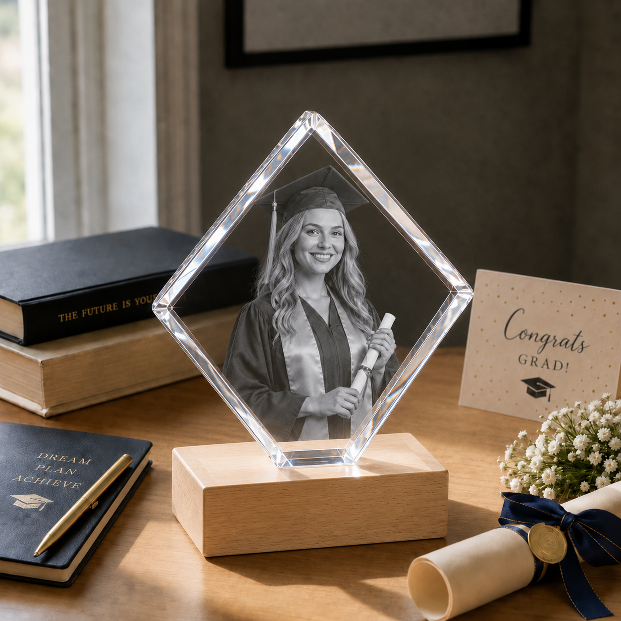 Personalized 3D Crystal Graduation Gift - Diamond with matching graduate portrait photo transformed into 4K laser inner engraving