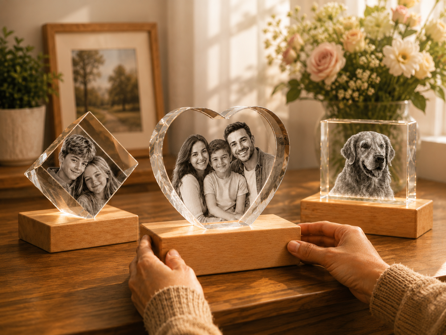 Custom 3D crystal photo gifts with engraved family and pet portraits on wooden LED bases