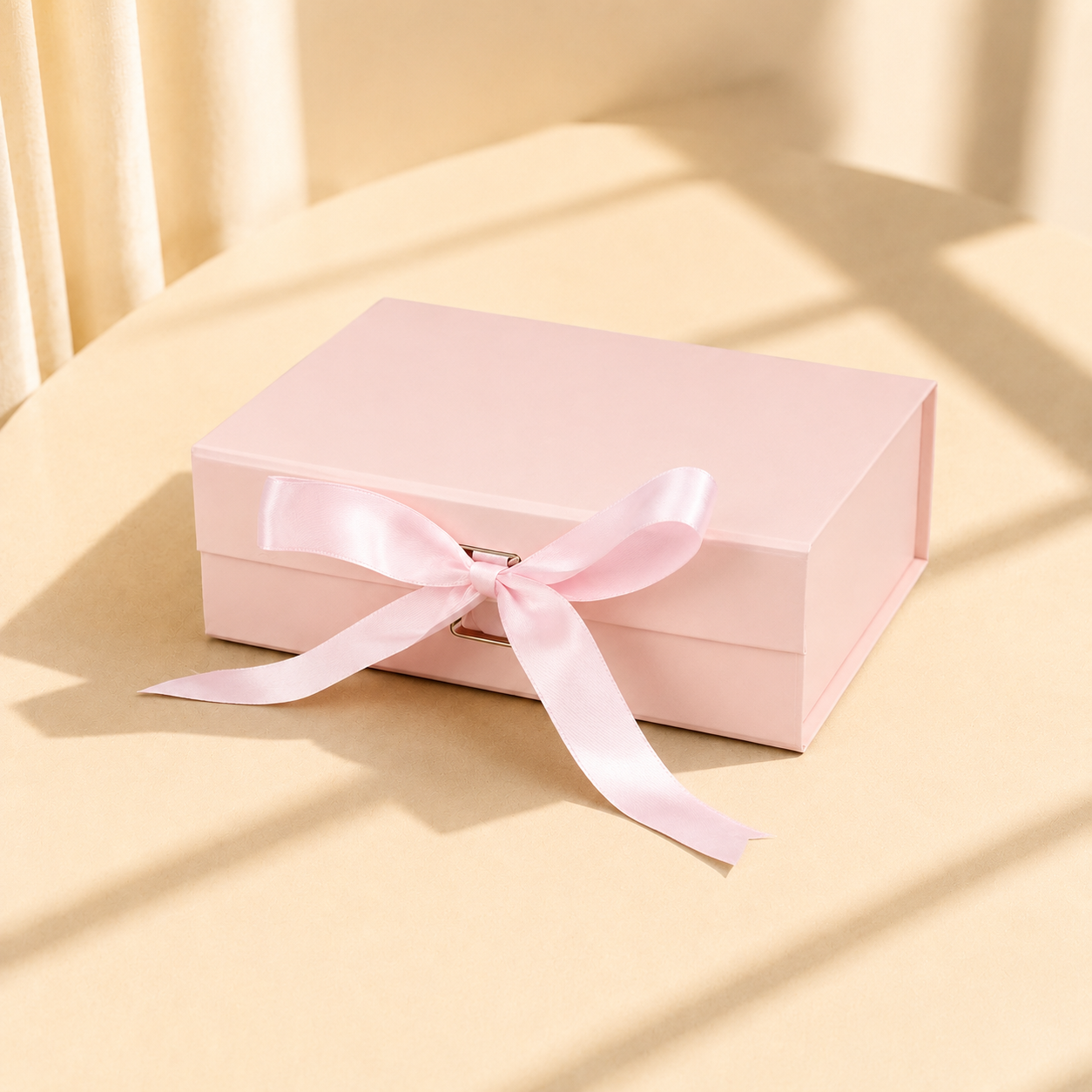 Pink magnetic gift box with satin ribbon closure in warm natural light