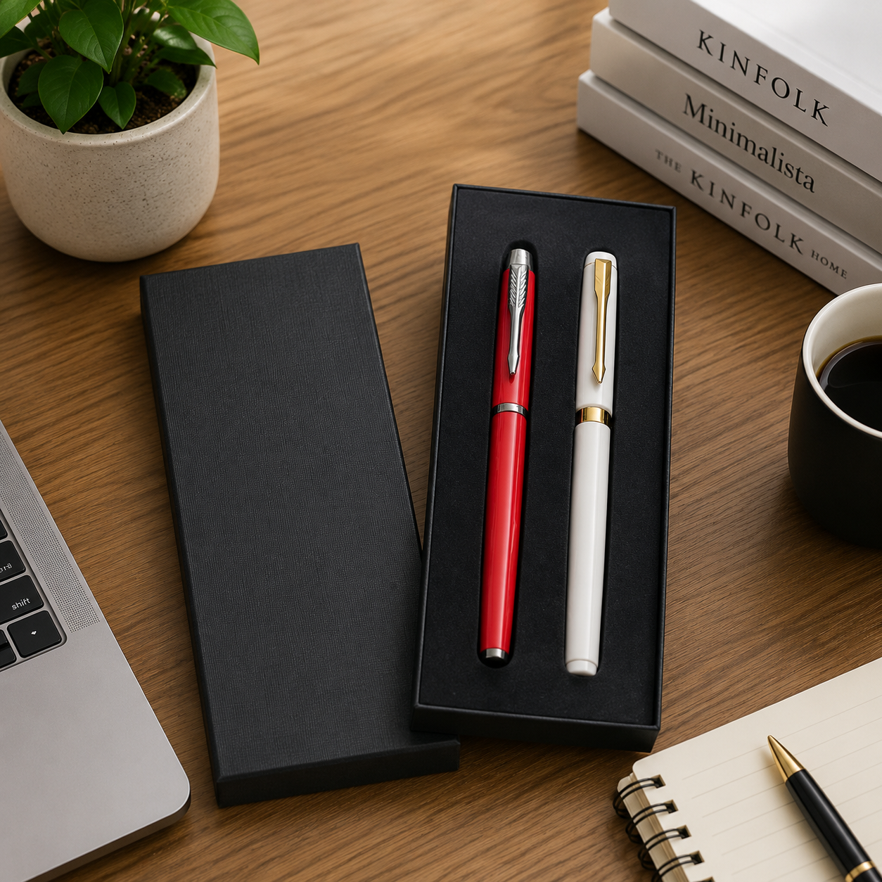 Black double pen gift box displaying red and white pens
