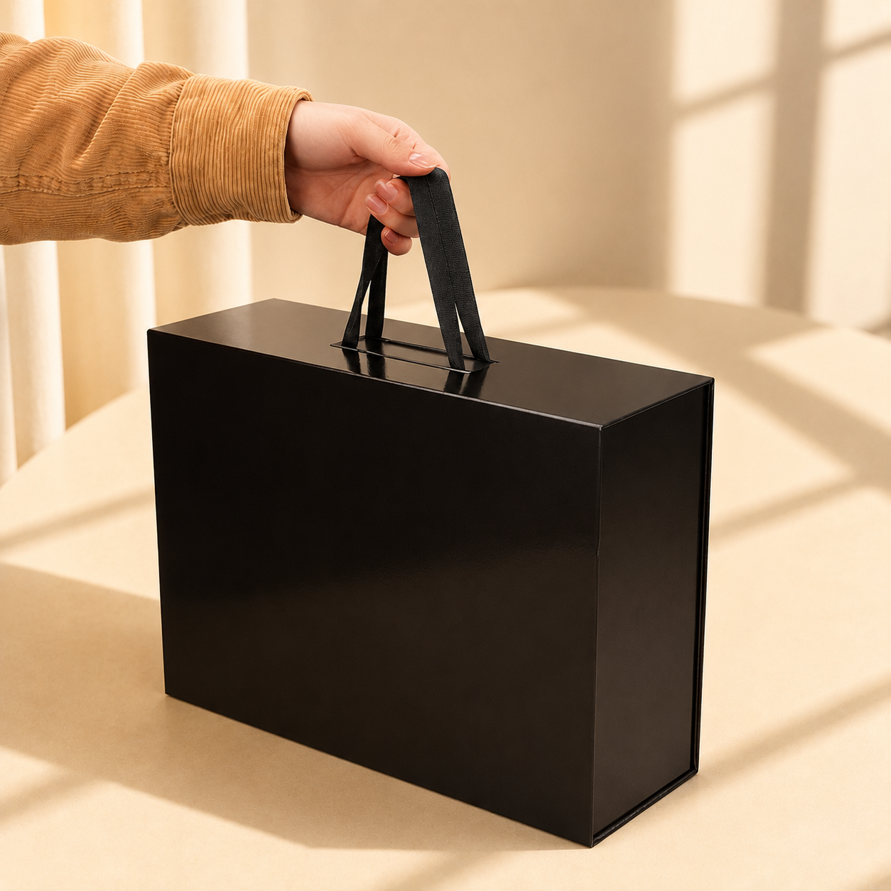 Black handled folding gift box shown from the side
