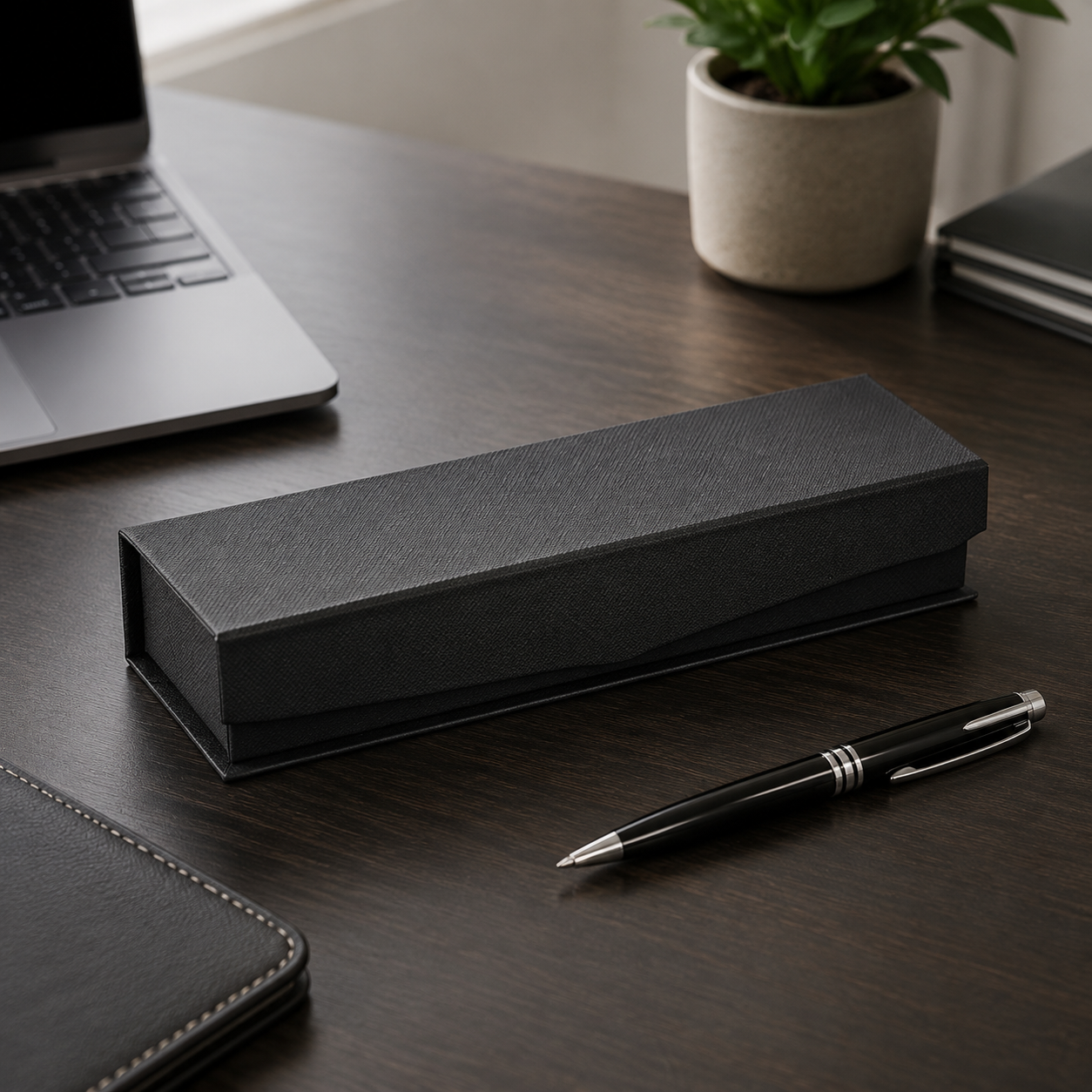 Closed black magnetic pen gift box on an executive desk