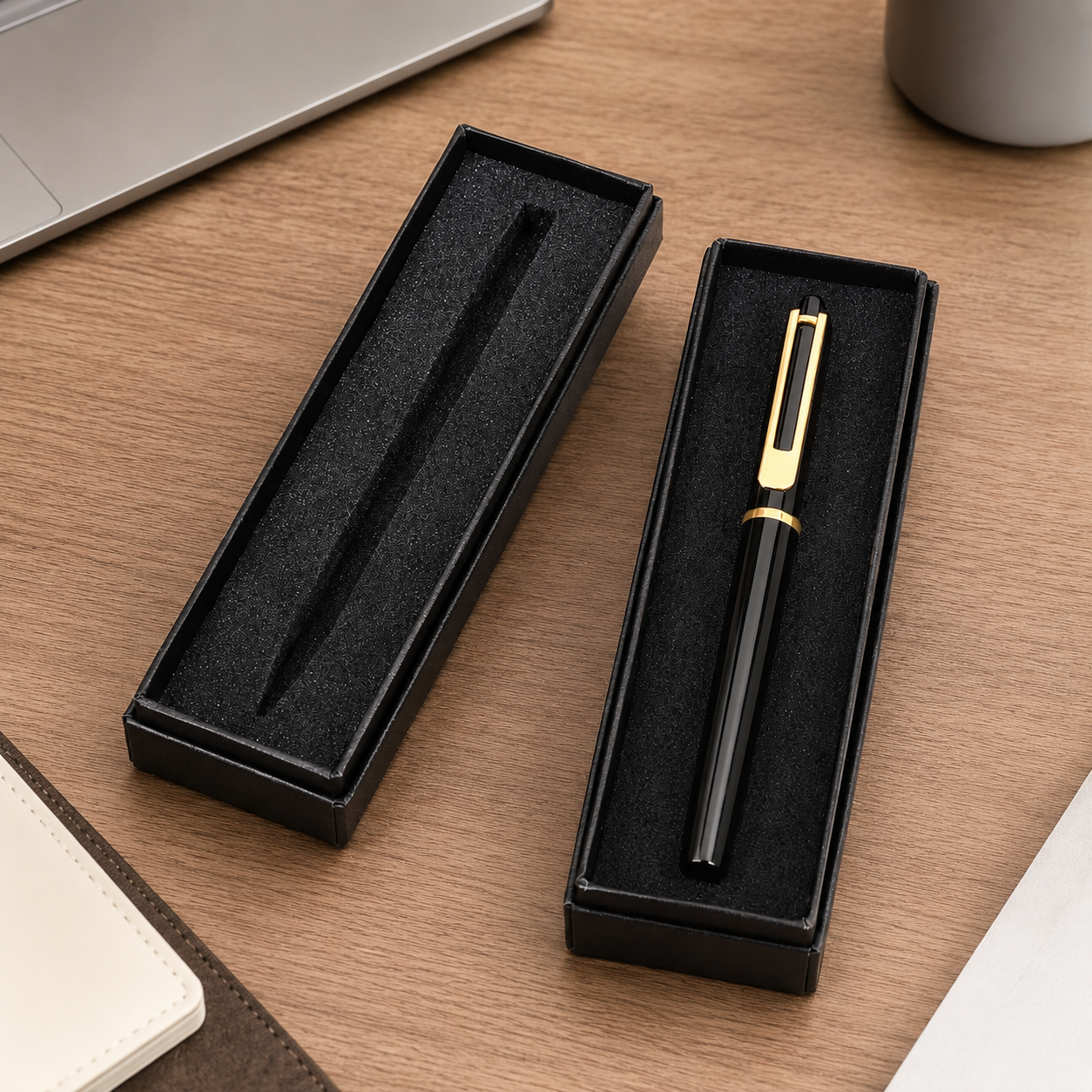 Black lid-and-base pen box with gold-trim pen and foam insert