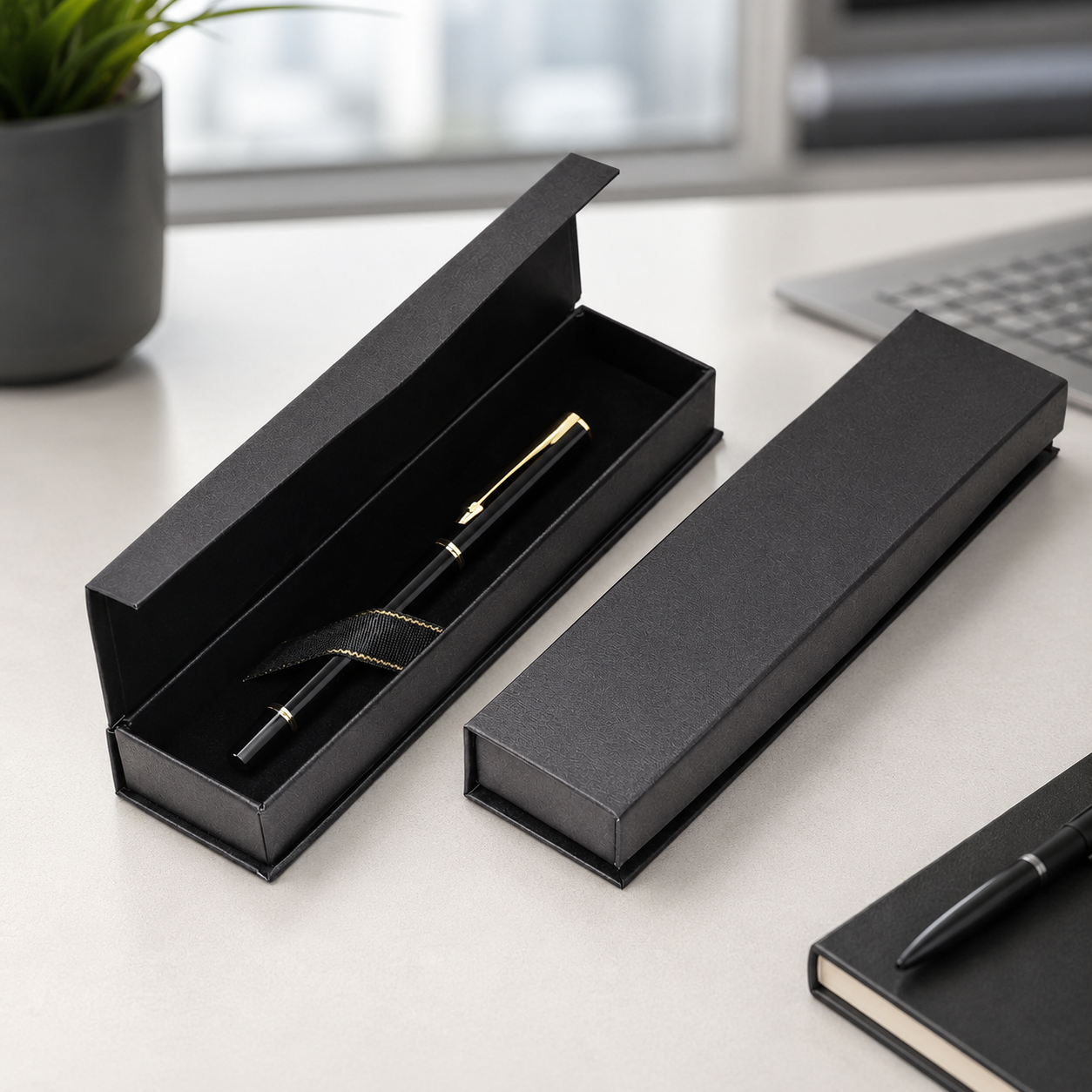 Open black magnetic pen gift box with black pen and ribbon holder