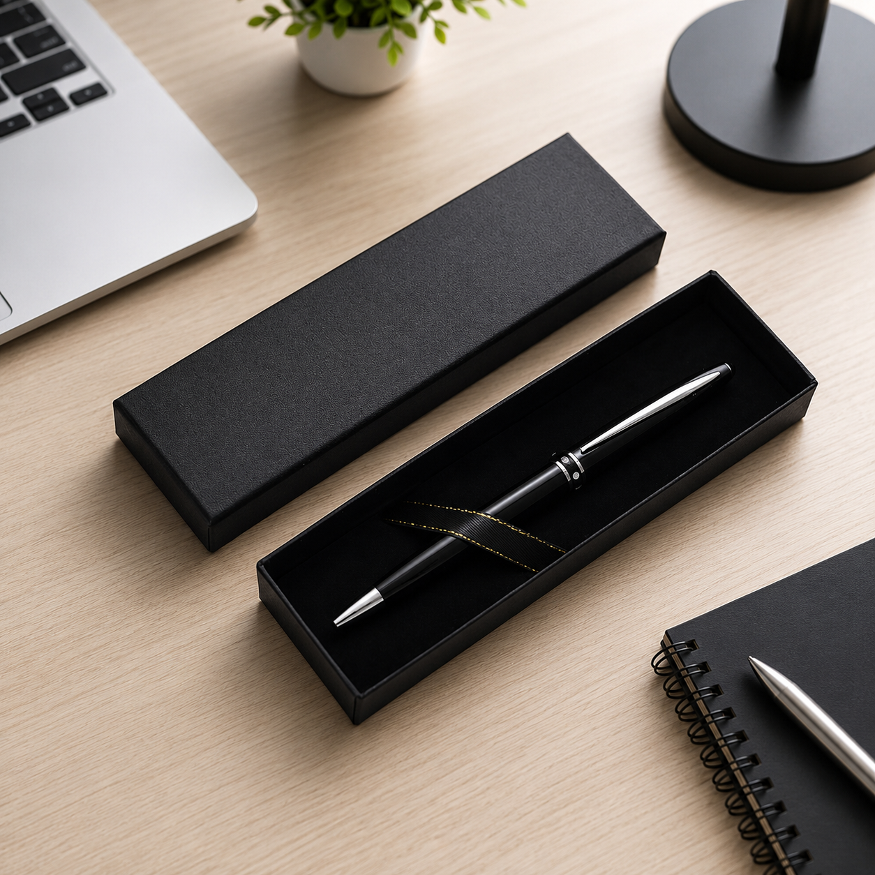 Black pen gift box with slim silver pen and ribbon holder