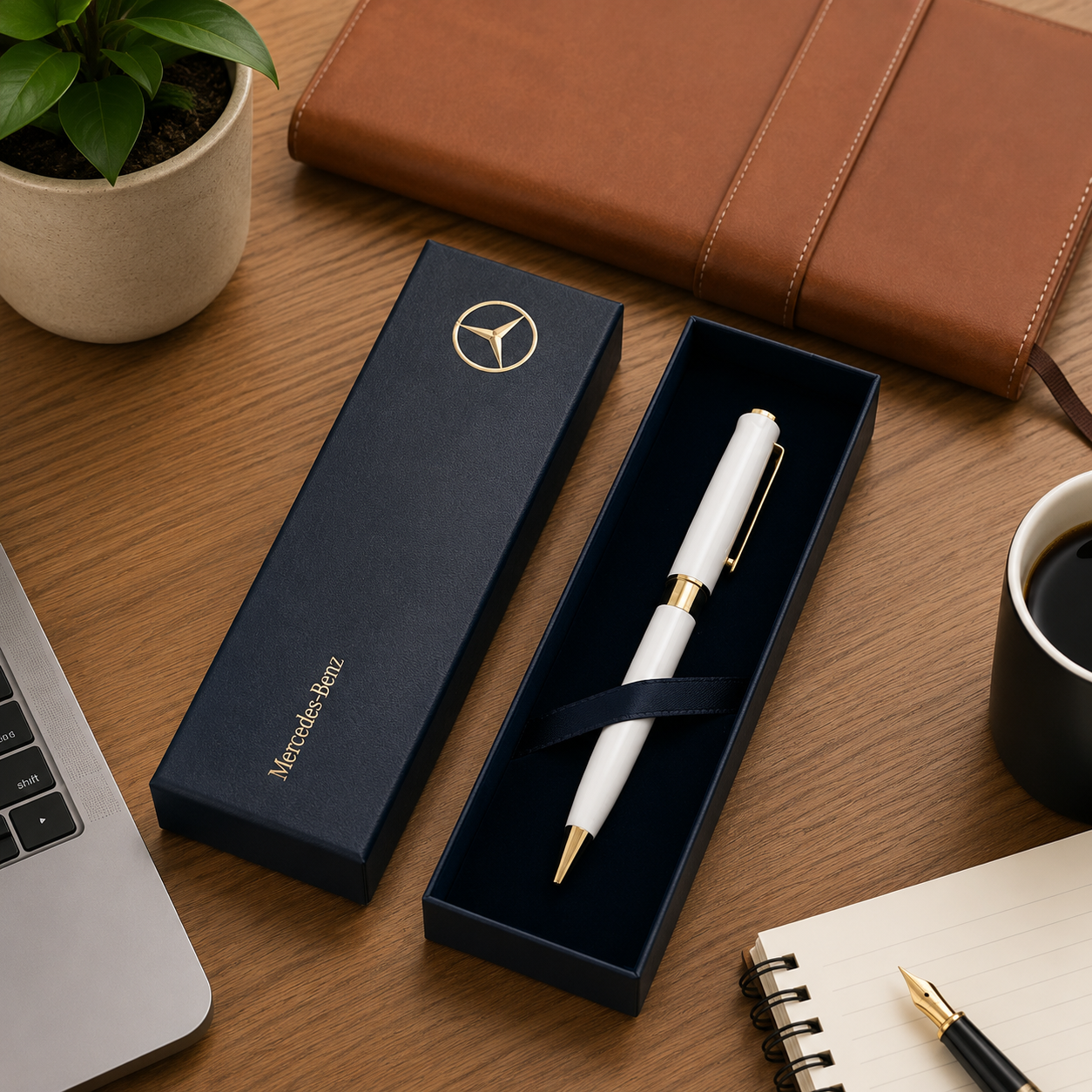 Personalized black pen gift box with white fountain pen