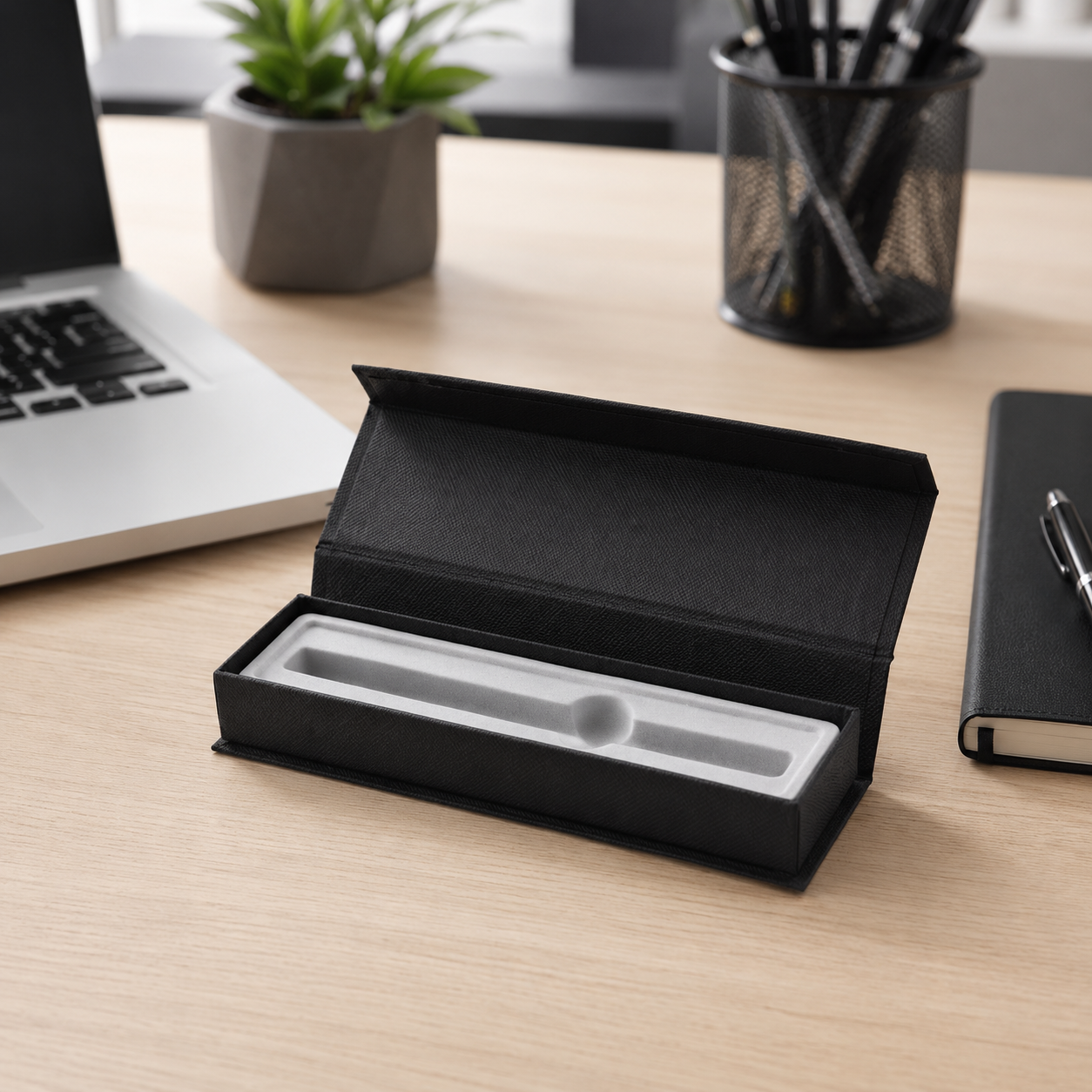 Open black pen gift box with clear display window insert