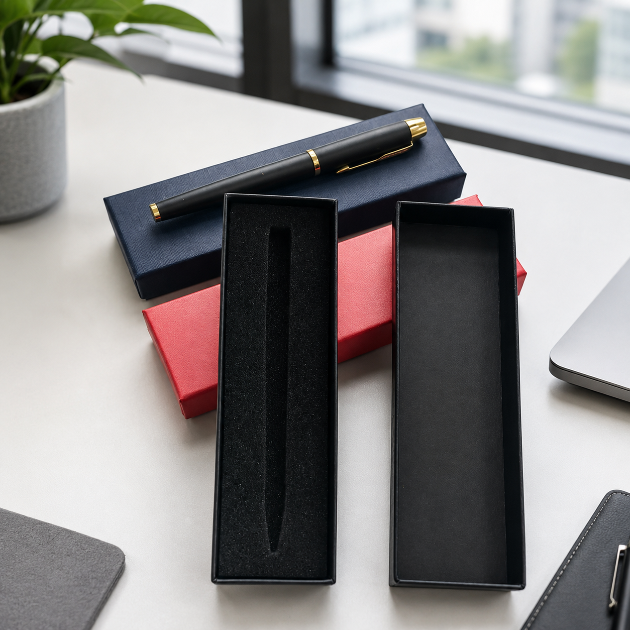 Black and red pen gift boxes with foam inserts and display pens