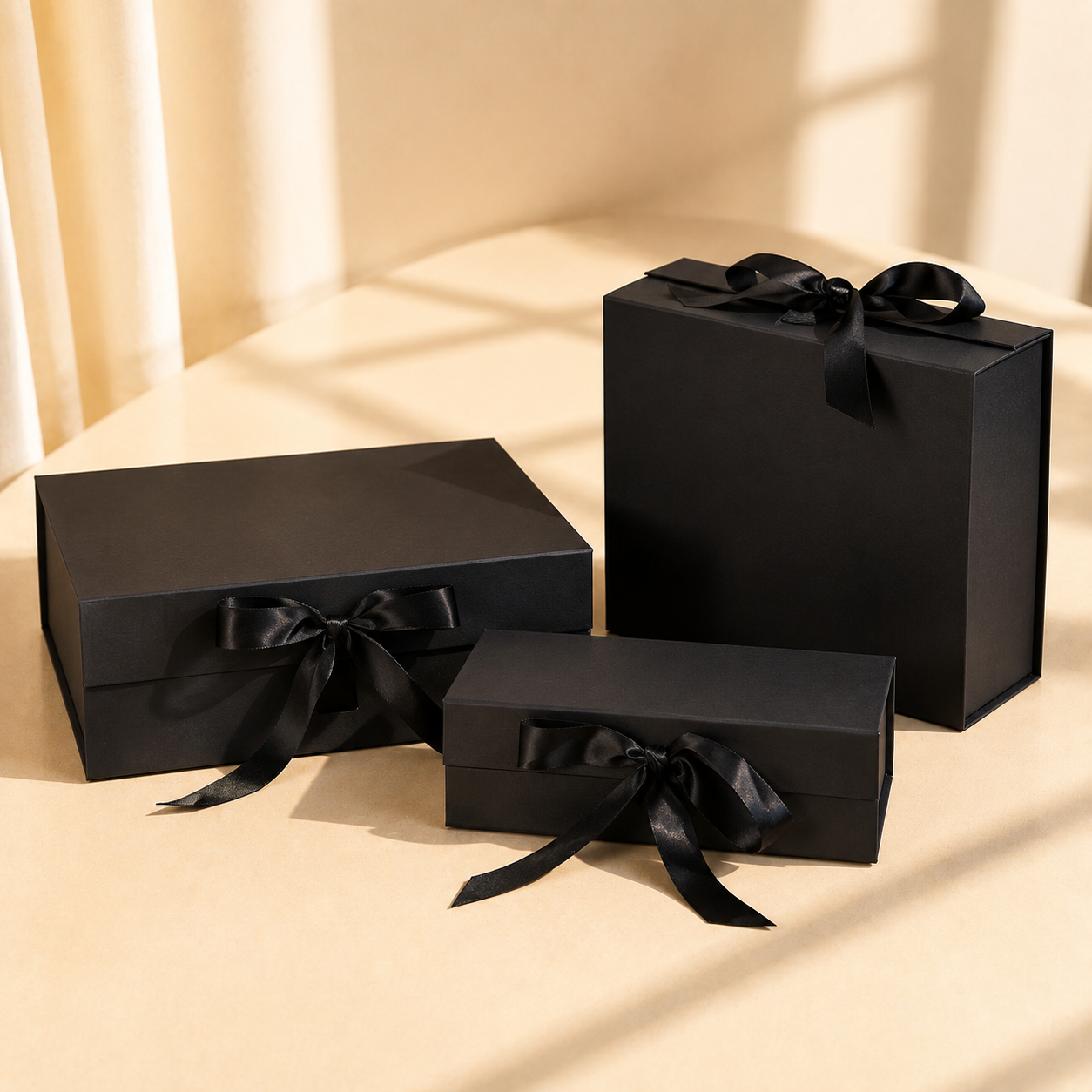 Black ribbon gift boxes in horizontal and vertical sizes