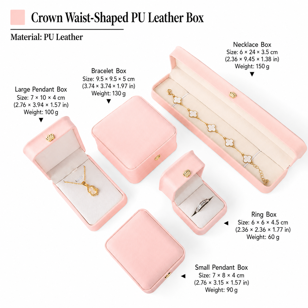 Pink crown-shaped jewelry box set with dimensions