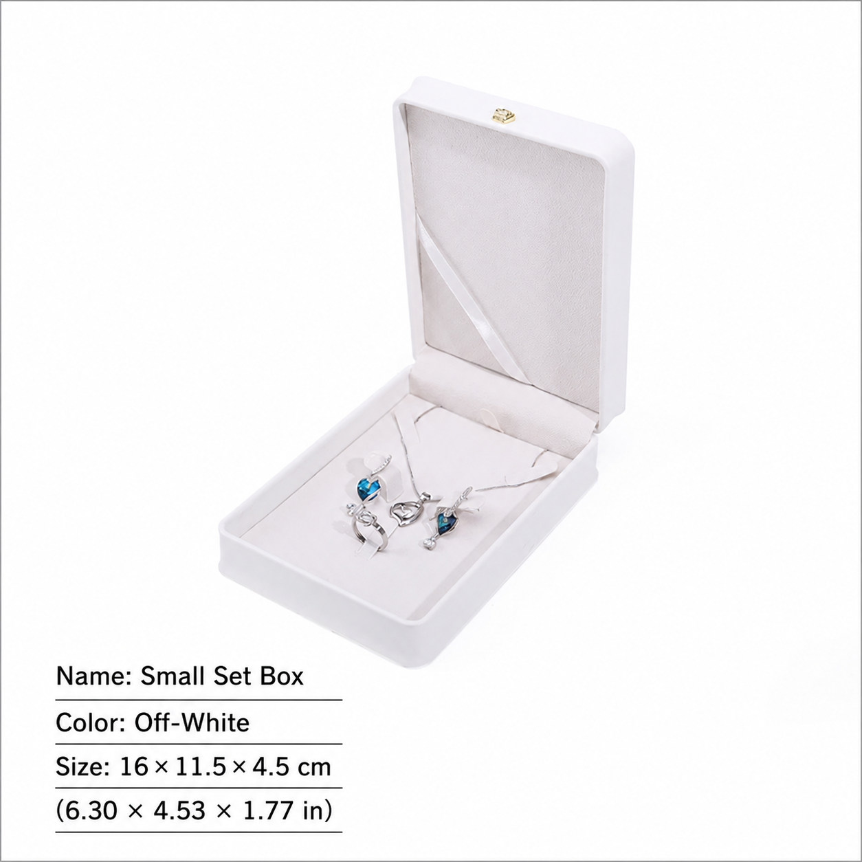 White small jewelry set box shown open with dimensions