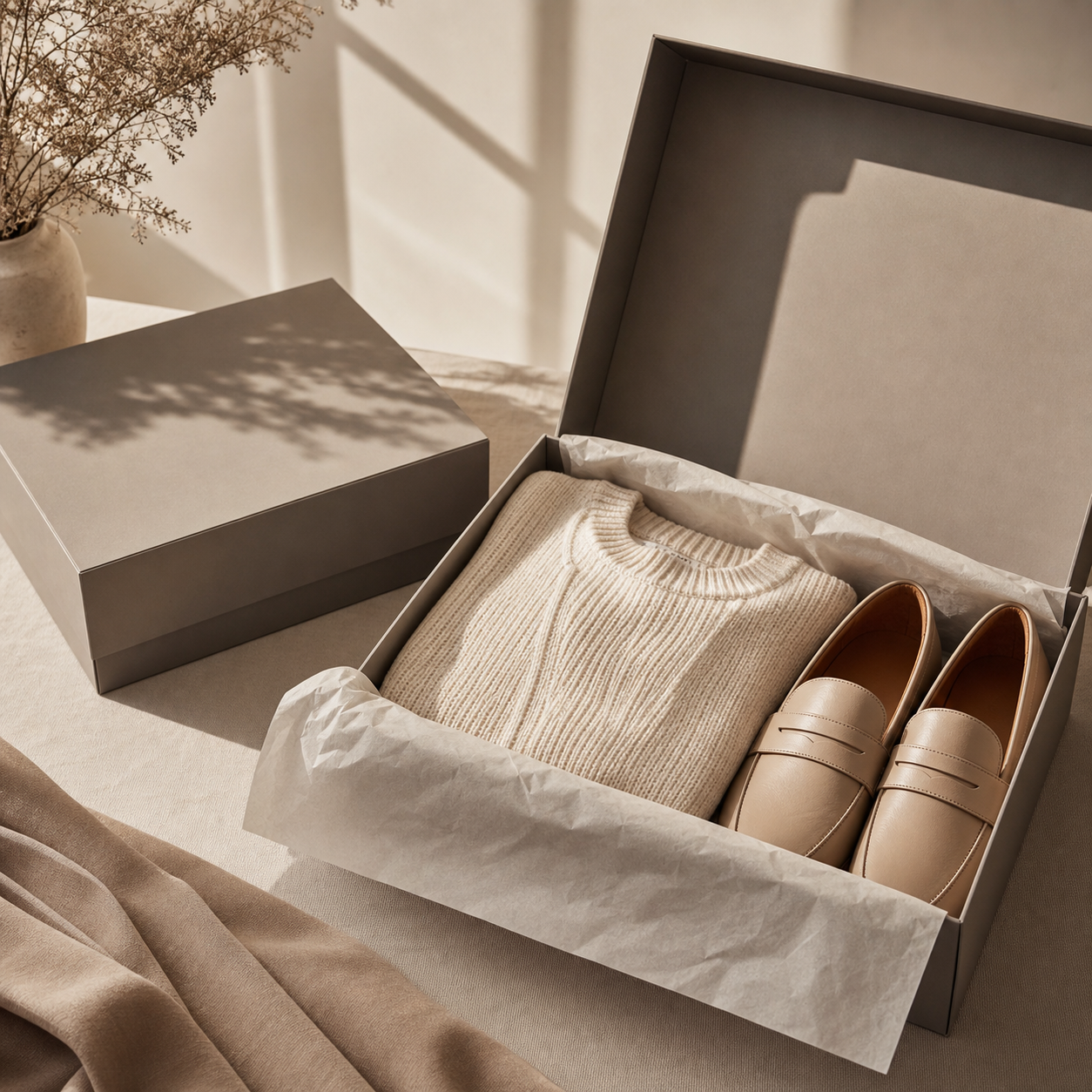 Neutral rigid apparel and footwear gift box with folded knitwear and leather shoes