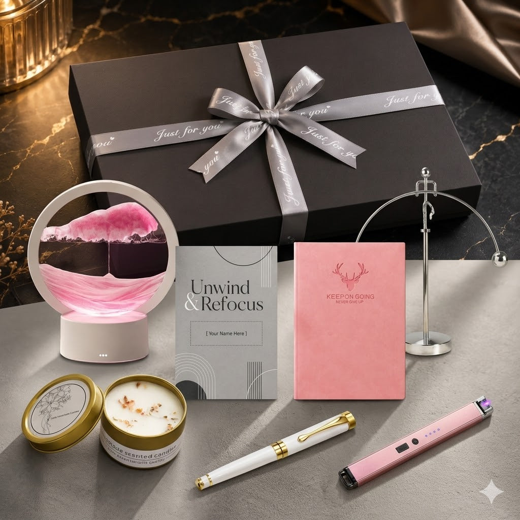 The Cyber-Zen Ritual moving sand art tech gift set in premium matte gray gift box with ribbon