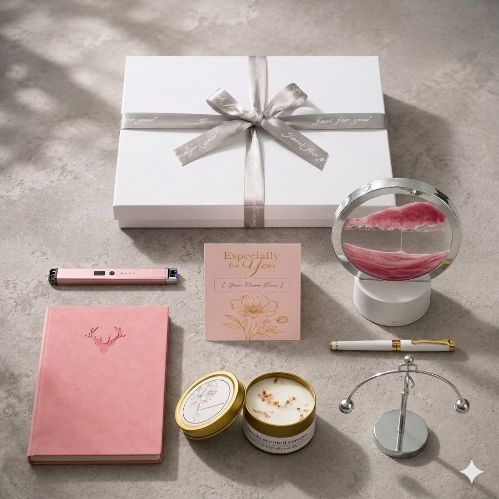 Cyber-Zen moving sand art LED lamp and executive gift set displayed on modern office desk