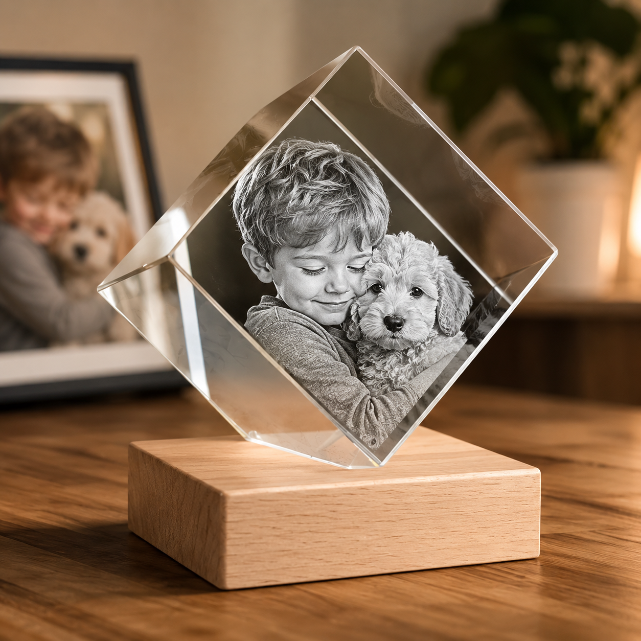 Diamond-shaped 3D crystal photo gift for child and pet memory