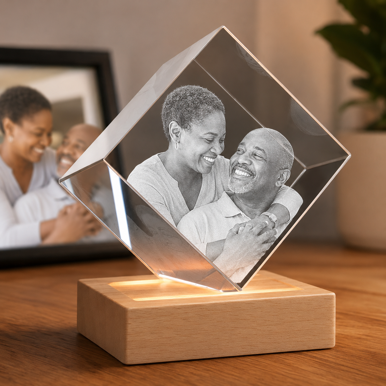 Diamond-shaped 3D crystal photo gift for family keepsake