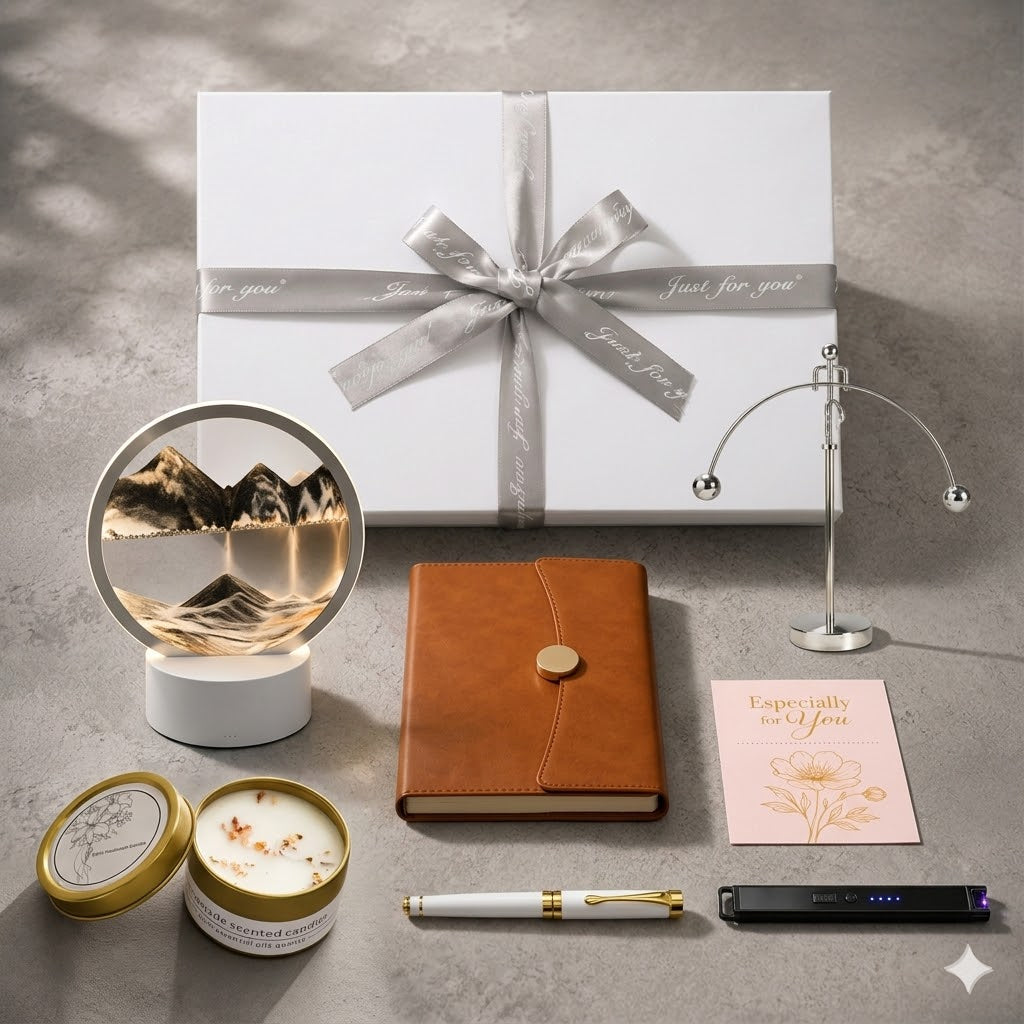 Flowing sand art luxury gift set in premium gift box with ribbon and accessories