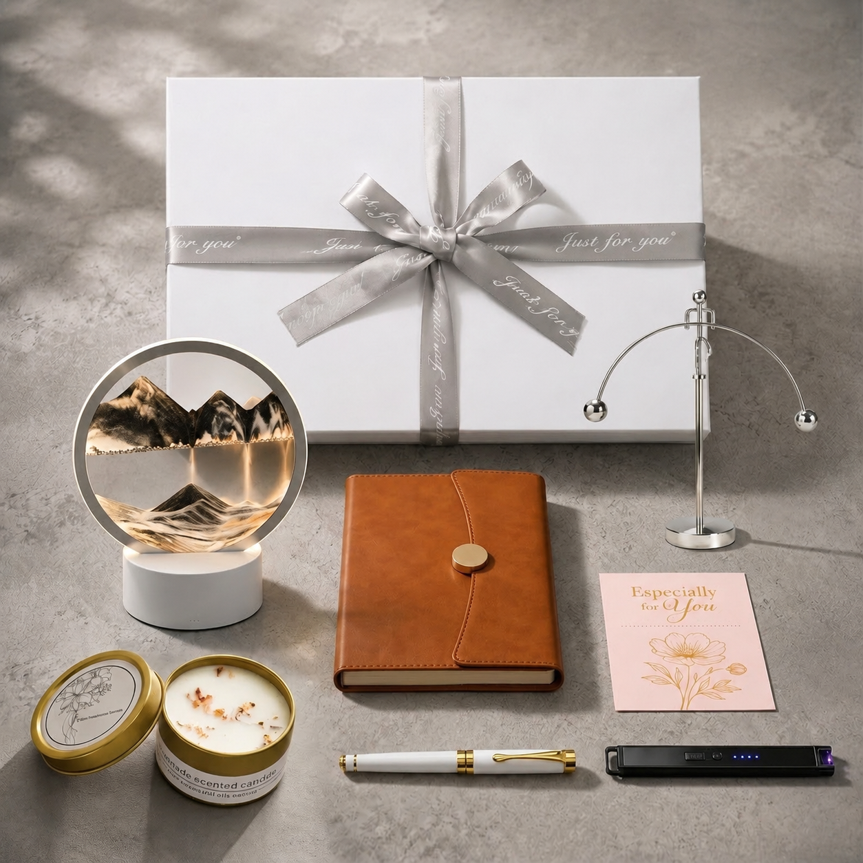 Flowing sand art luxury gift set in premium rigid box - elegant unboxing with satin ribbon and branded tissue paper