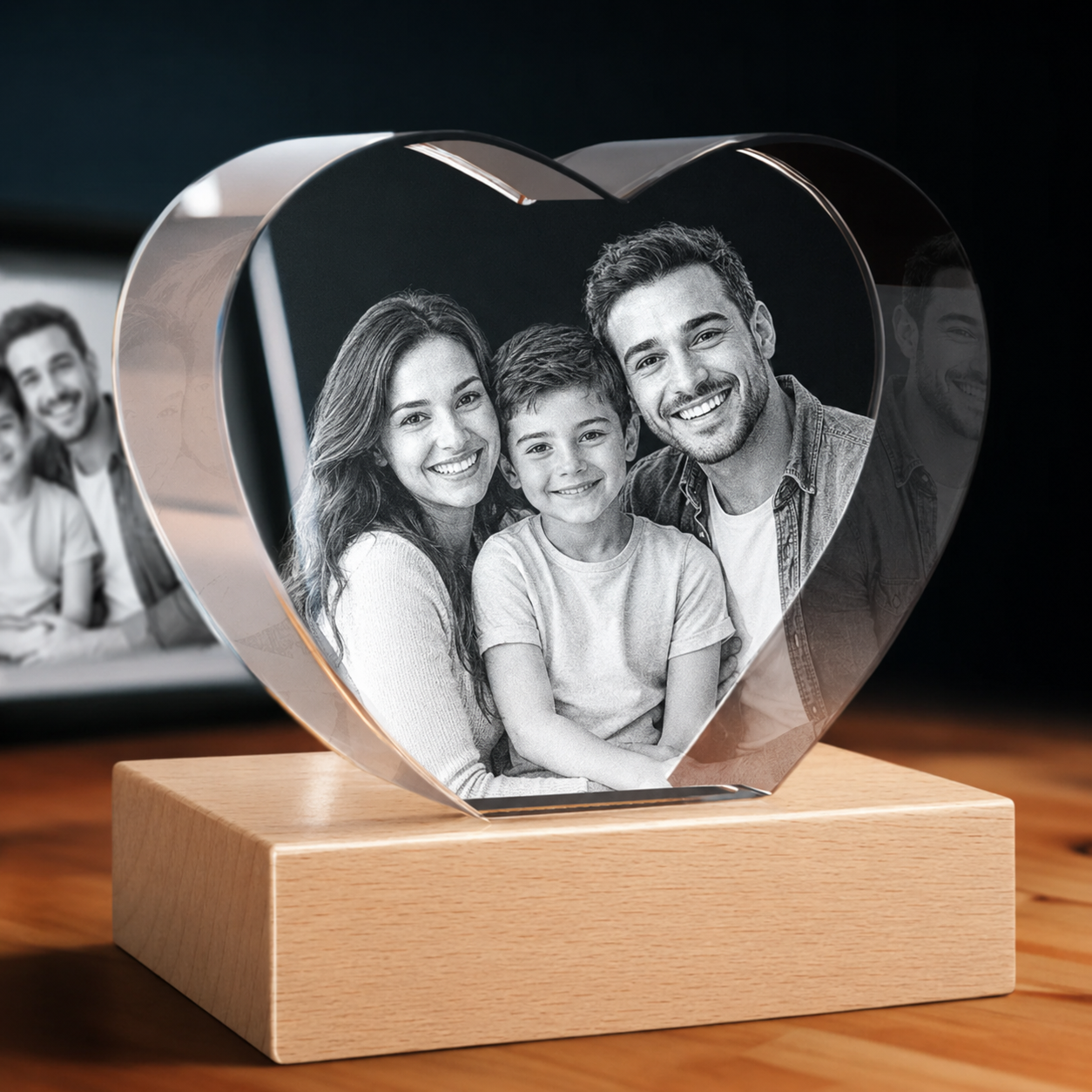 Heart-shaped 3D crystal photo gift for couple and family memory