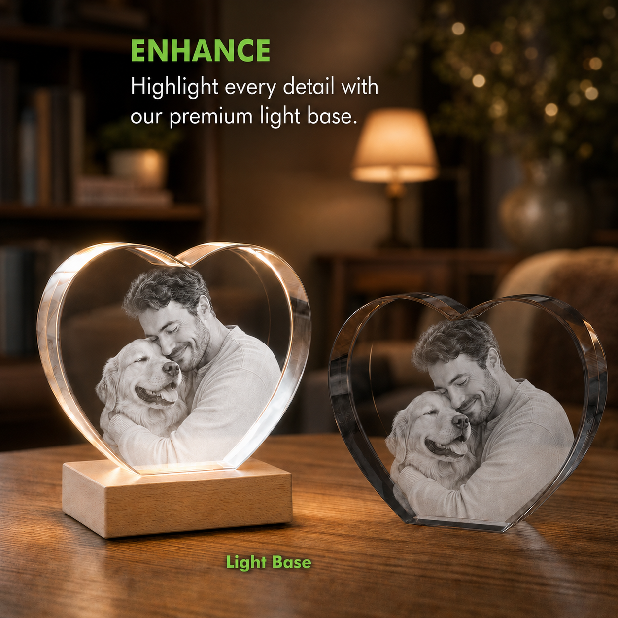 Heart-shaped 3D crystal photo gift with LED light base detail