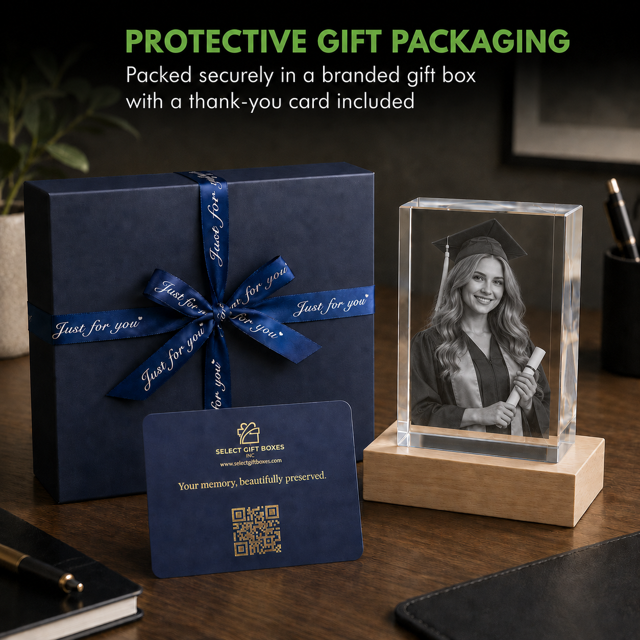 Heart-shaped 3D crystal photo gift in premium gift box packaging