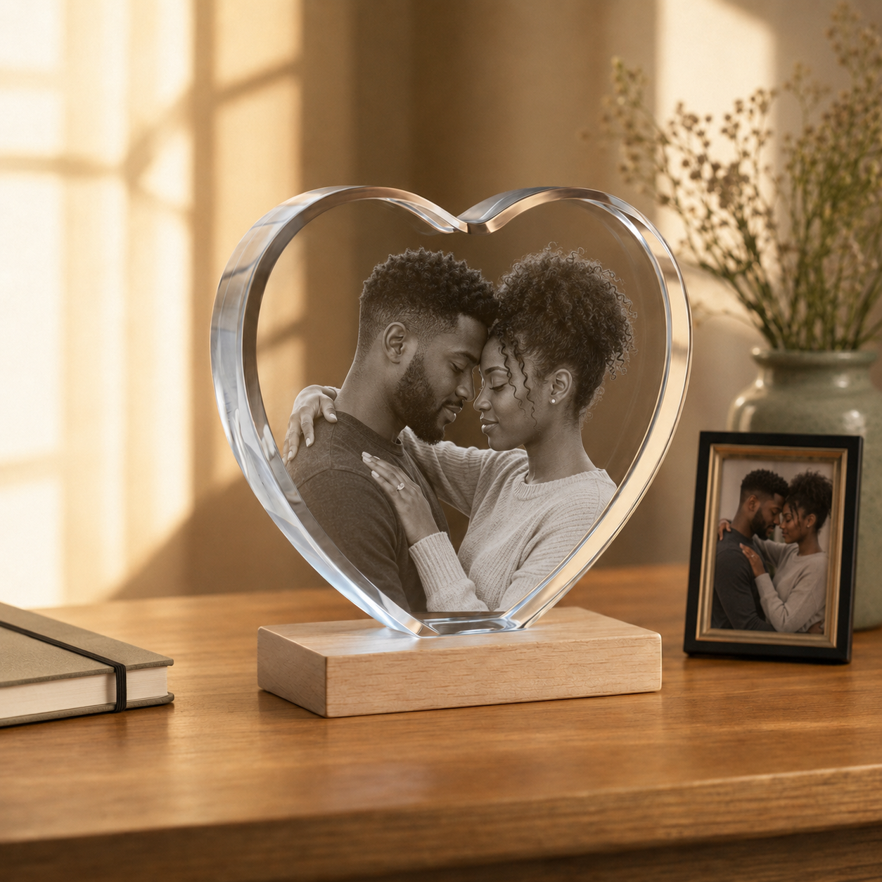Heart-shaped 3D crystal photo gift for a romantic couple