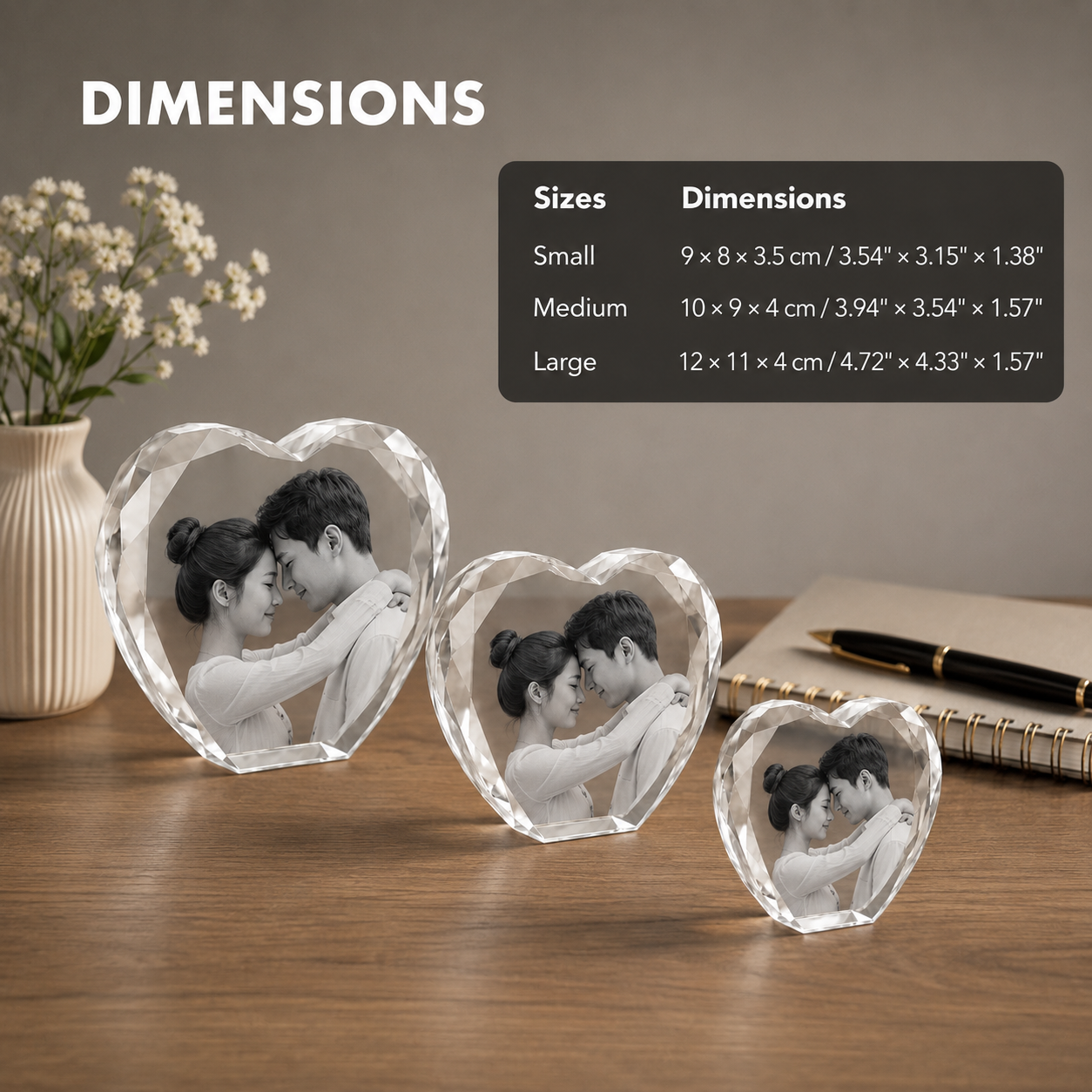Heart Crystal Photo Gift Size Chart and Dimensions