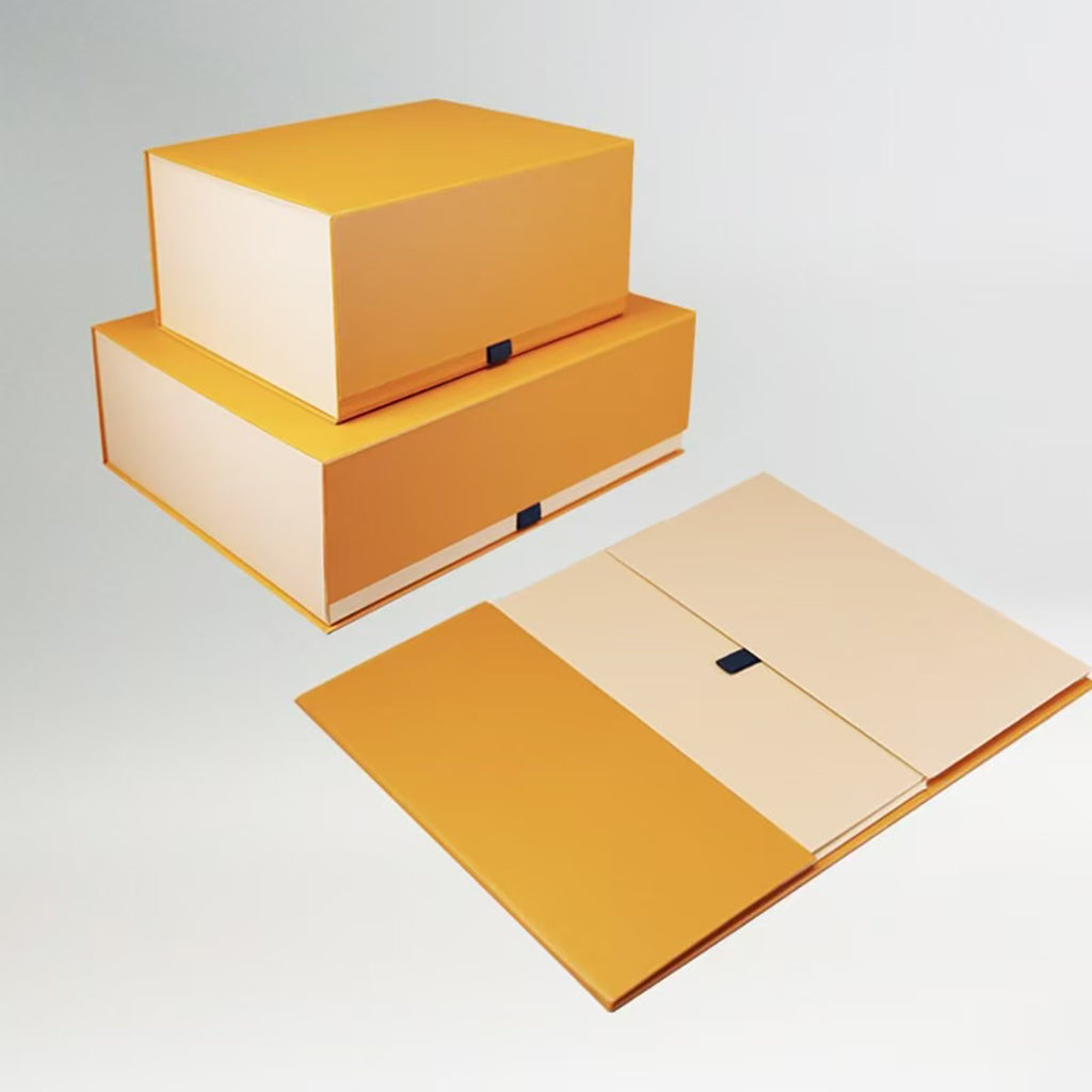 Large foldable rigid boxes shown assembled and flat for apparel packaging projects