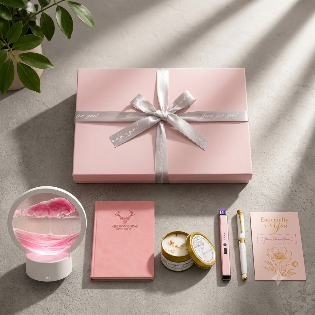 The Blush Serenity romantic gift set featuring a pink flowing sand art frame and luxury accessories