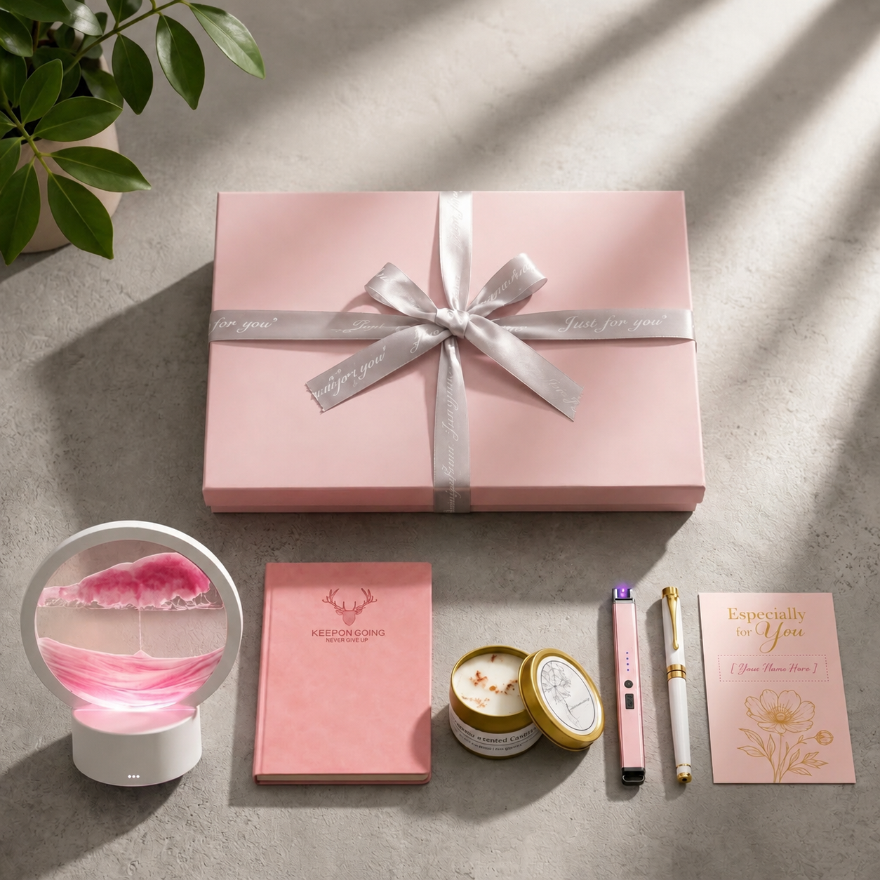 Lush serenity romantic gift set with flowing sand art - blush pink luxury gift box for women and couples