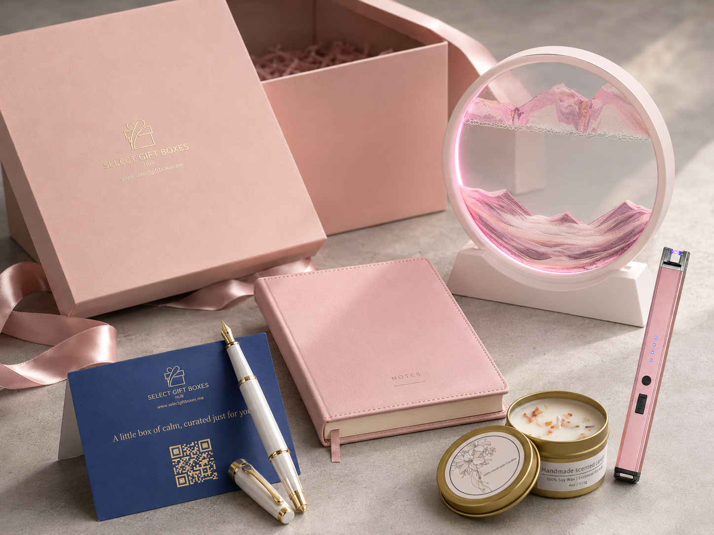 Elegant monochrome executive gift set flatlay - sand art lamp, candle, pen and notebook